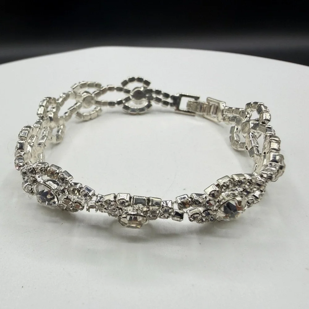 Clear Rhinestone Silver Tone Floral Link Bracelet Bridal Statement Jewelry Gift